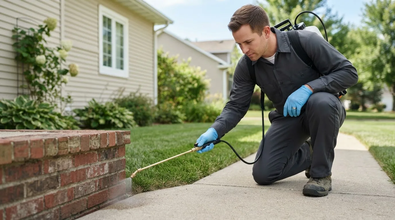 Pest control technician treating a home near Frankfort, ME